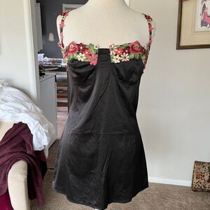 VTG Black Satin Slip Dress Floral Applique Straps Bustier Mini S M